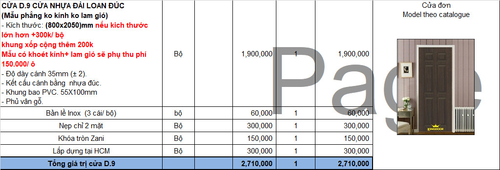 Bảng giá cửa nhựa Đài Loan nhựa Đúc