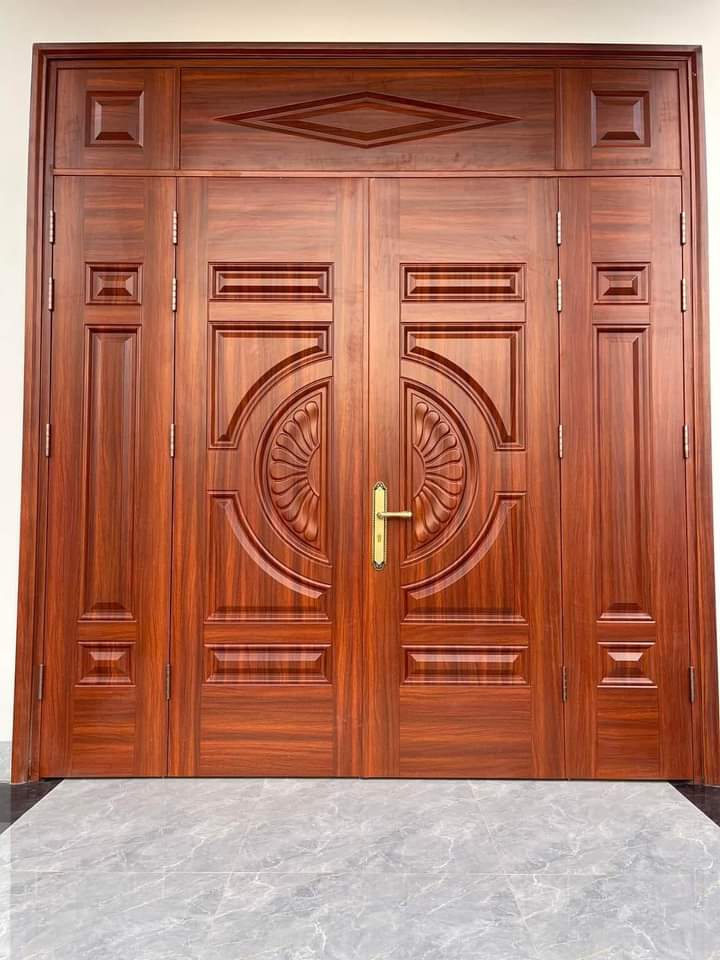Mẫu cửa thép vân gỗ 4 cánh lệch
